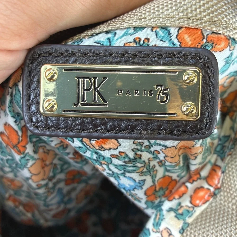 JPK Paris 75 Shoulder Bag Womens Medium Gold Canvas Leather Strap Floral